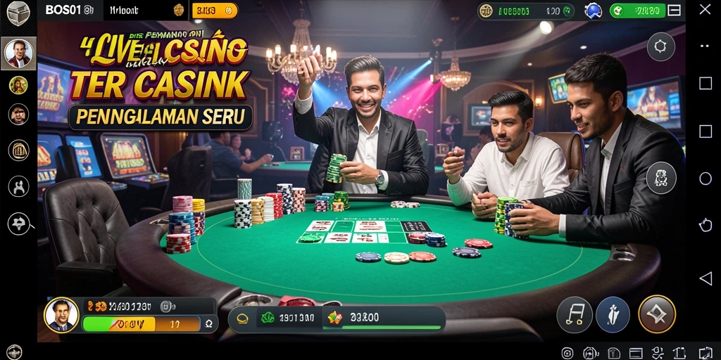 Screenshot gameplay BOS01 menampilkan dealer langsung dan suasana kasino yang nyata.