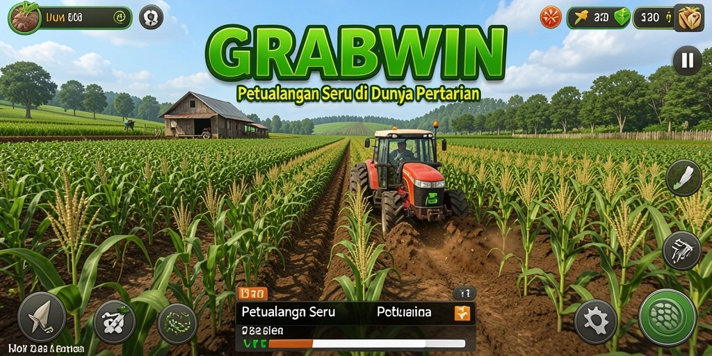 Tampilan menarik gameplay GRABWIN dengan ladang yang subur dan hewan peliharaan.