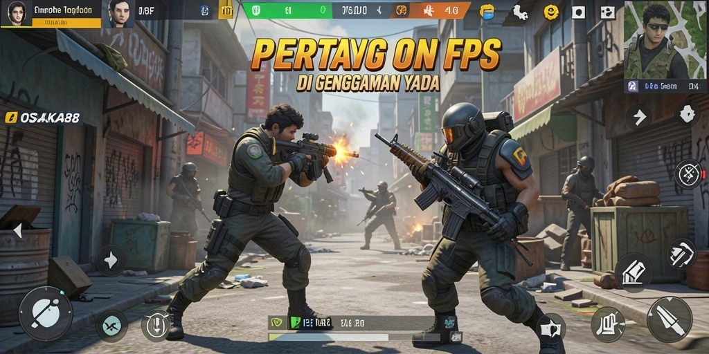 Screenshot gameplay OSAKA88 menampilkan aksi pertempuran FPS yang mendebarkan.