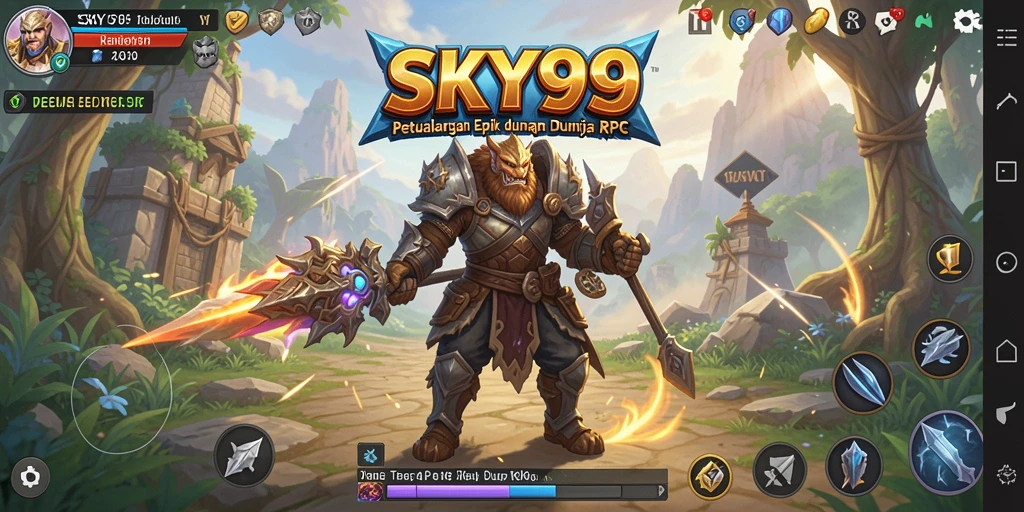 Screenshot utama SKY99 menunjukkan aksi pertempuran epik dalam dunia RPG.